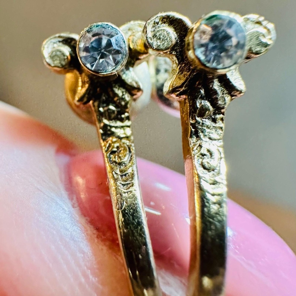 Vintage Gold Plated Ram Head J Hoop Earrings Rhinestone Face Greek Revival